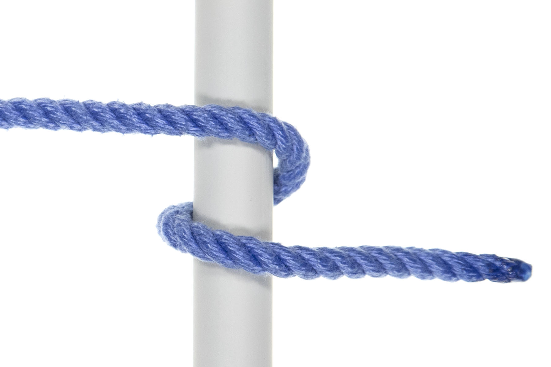 A one inch vertical gray pole crosses the image from top to bottom. A single strand of blue rope enters from the left and makes a full 360 spiral around the pole, going over, under, and over it. The spiral goes down the pole, with the bottom of the spiral about one inch lower than the top. The working end extends out to the right of the pole.