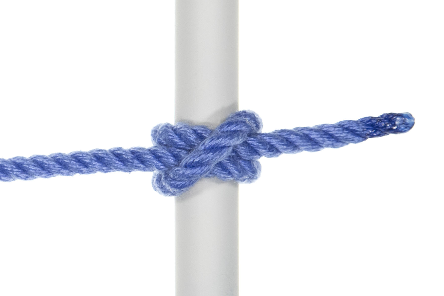 A completed clove hitch tied around a one inch gray pole. A single blue rope enters from the left, makes a clove hitch over the pole, and exits to the right. The clove hitch consists of two tight turns around the pole, with a diagonal line crossing over them.