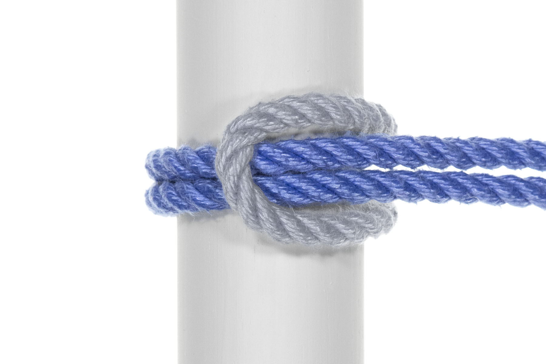 A vertical three inch diameter gray pole divides the frame in half. A doubled blue rope enters from the right and attaches to the pole with a lark’s head. The rope passes over the top of the pole and wraps around it, with the bight of the rope passing over the standing part.