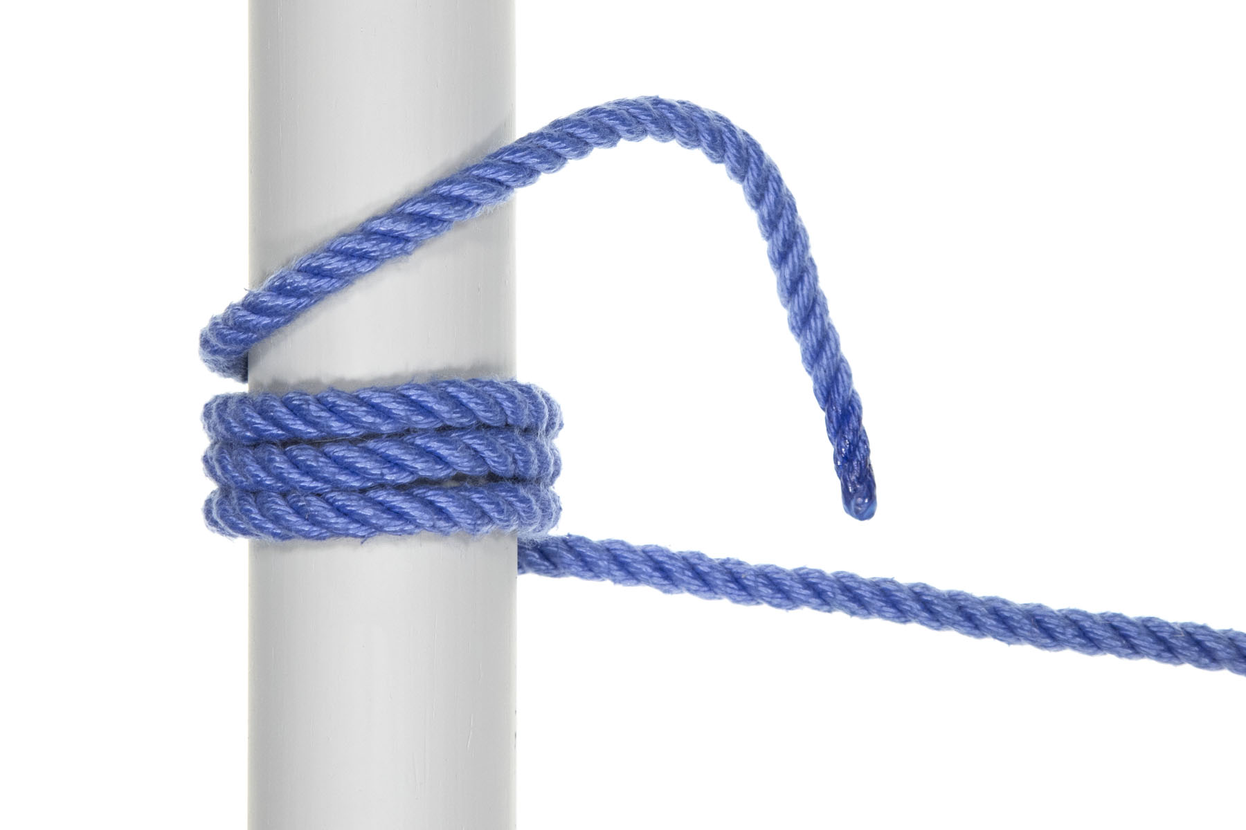 A vertical three inch diameter gray pole divides the frame in half. A single blue rope enters from the right and makes three complete turns around the pole, starting by passing under the pole. There are three complete 360 degree wraps around the pole, each one stacked directly above the previous one. After the last complete wrap, the rope makes a final 180 degree turn so that it is returning to the right.