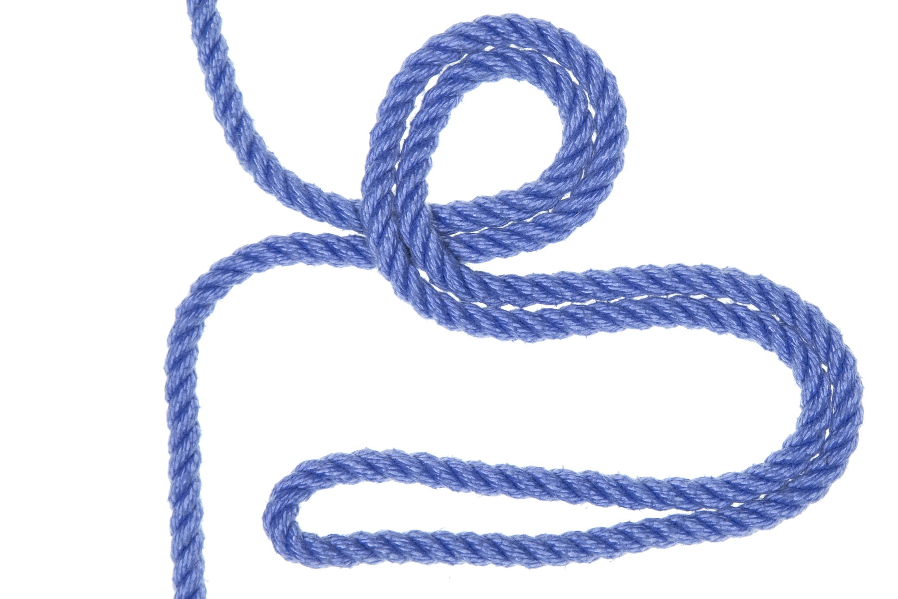 A single strand of blue rope enters at the top of the image and exits at the bottom. In the middle of the frame, an eighteen inch long bight has been created. The bight extends out to the right and makes a counter-clockwise loop, crossing over itself and leaving a twelve inch tail.