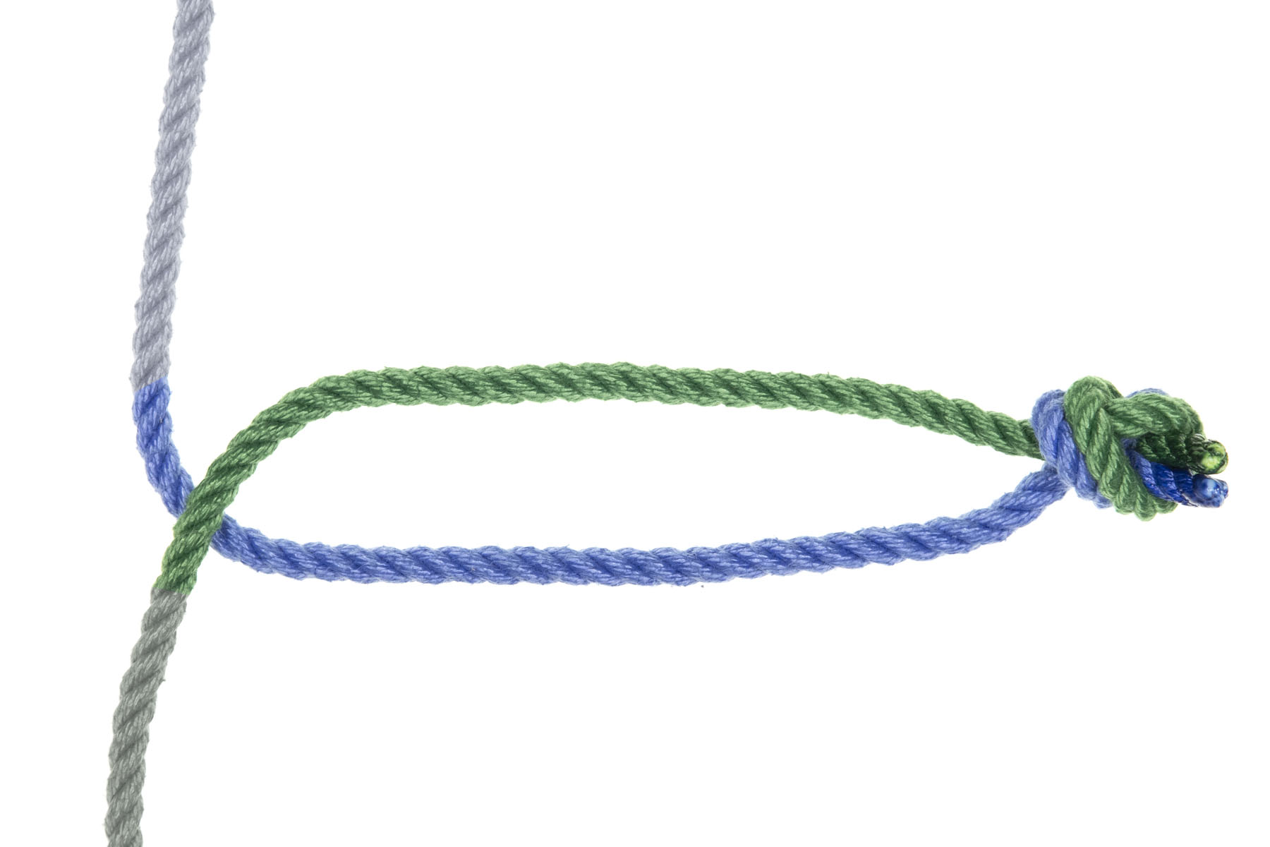 The horizontal run of the two ropes has been flipped over, so the green rope crosses over the blue rope right where the ropes join. The horizontal run of the green rope is now higher in the frame than the blue rope.