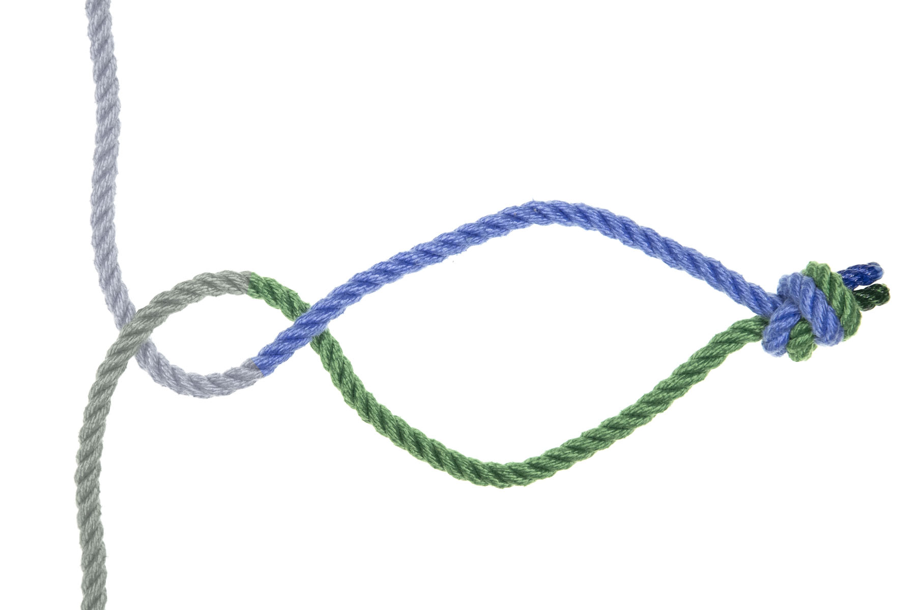 About three inches along the horizontal run, the ropes have been twisted again in the same direction, so the blue rope crosses over the green rope. The rope now forms two loops, with the green rope above the blue rope for the first loop, and the blue rope above the green one for the second loop.