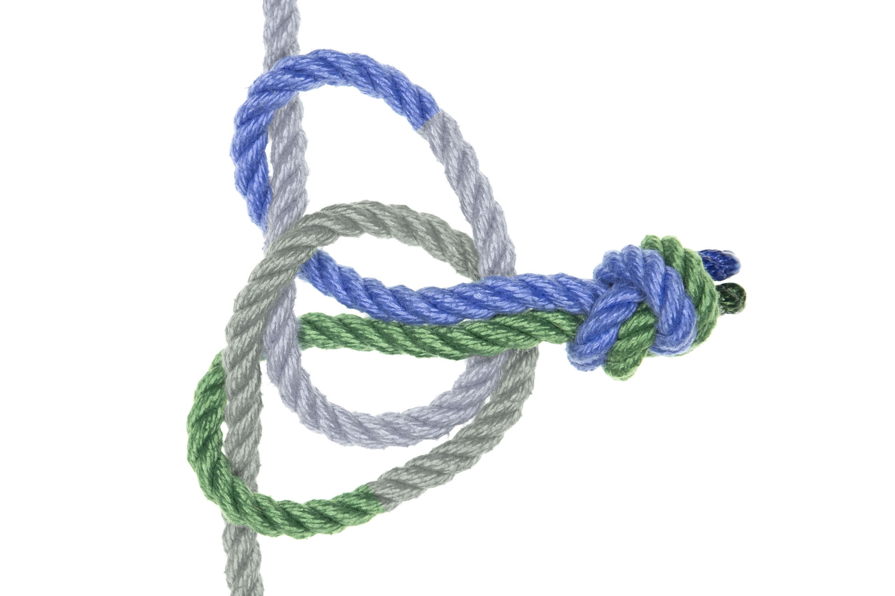 The overhand knot passes up through the smaller loop, so it now lies just to the right of the twist where the blue rope crosses over the green rope.