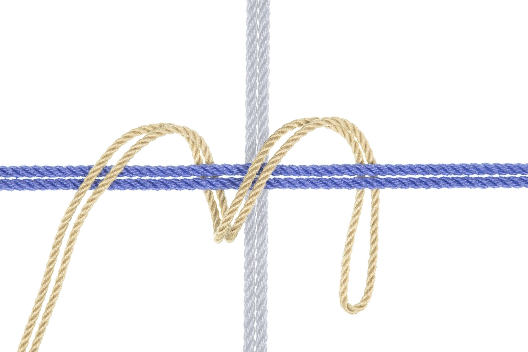 The ropes have not moved, but the vertical blue rope is grayed out to make it clearer that the tan rope makes a spiral around the horizontal blue rope.