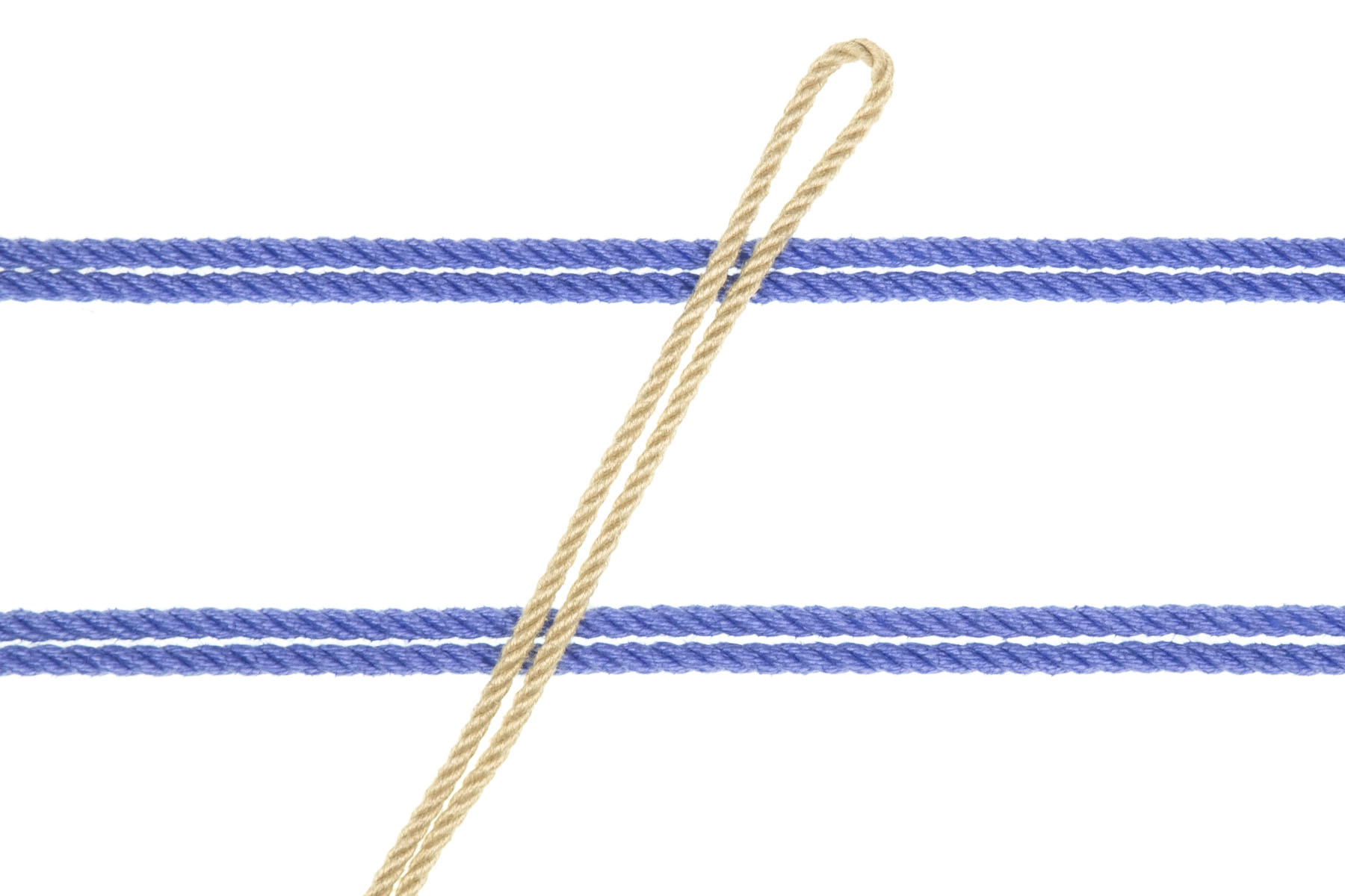 Two doubled blue ropes are stretched horizontally across the image, dividing it into thirds. The bight of a tan rope enters from the lower left and crosses over both blue ropes, moving upward and to the right.