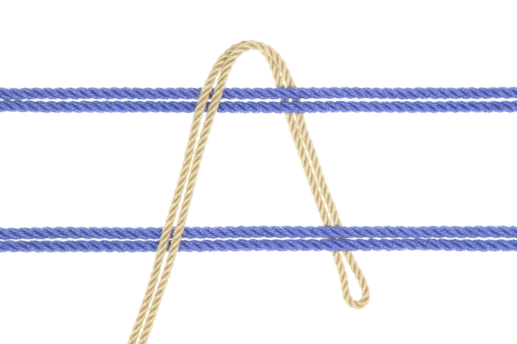 The tan rope crosses under both blue ropes, moving down and to the right.