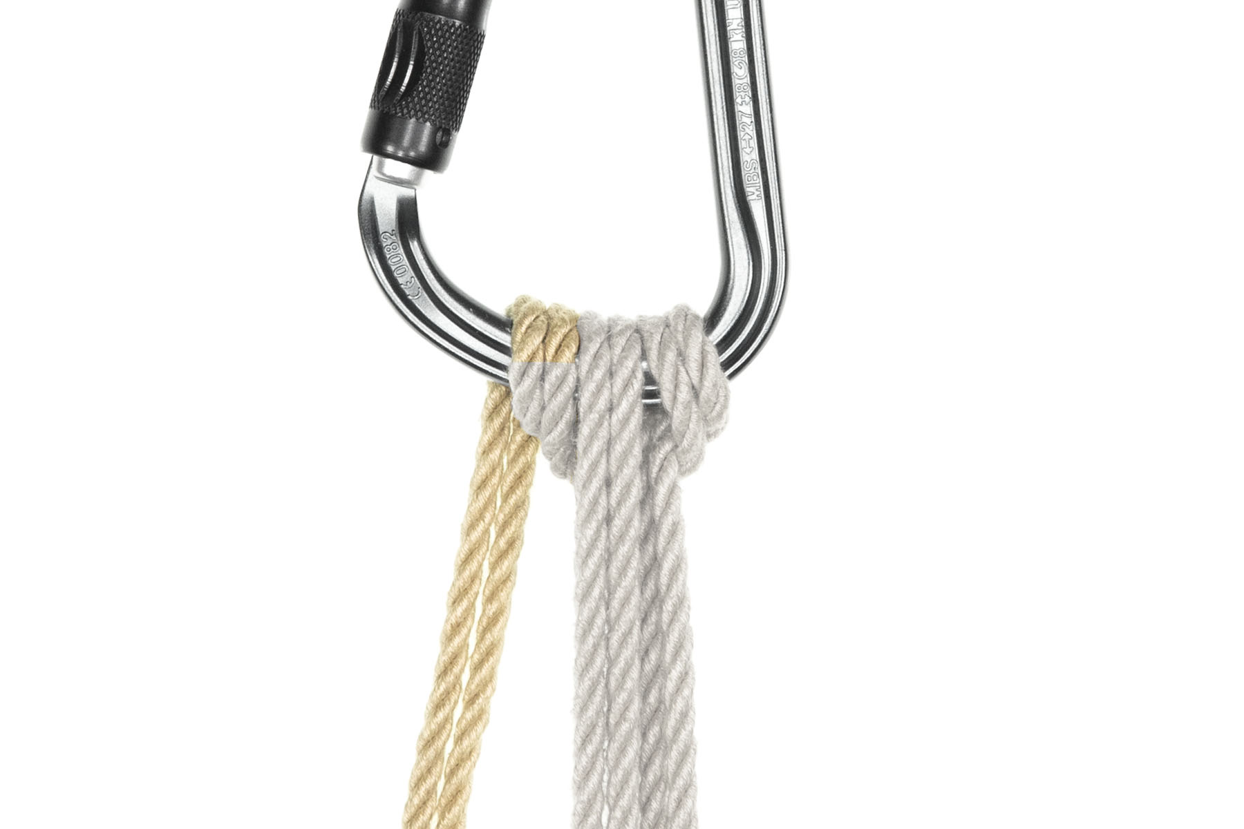 The rope comes up just to the left of the first pass and goes through the carabiner from front to back. It then exits the bottom of the image just to the left of the first two passes.