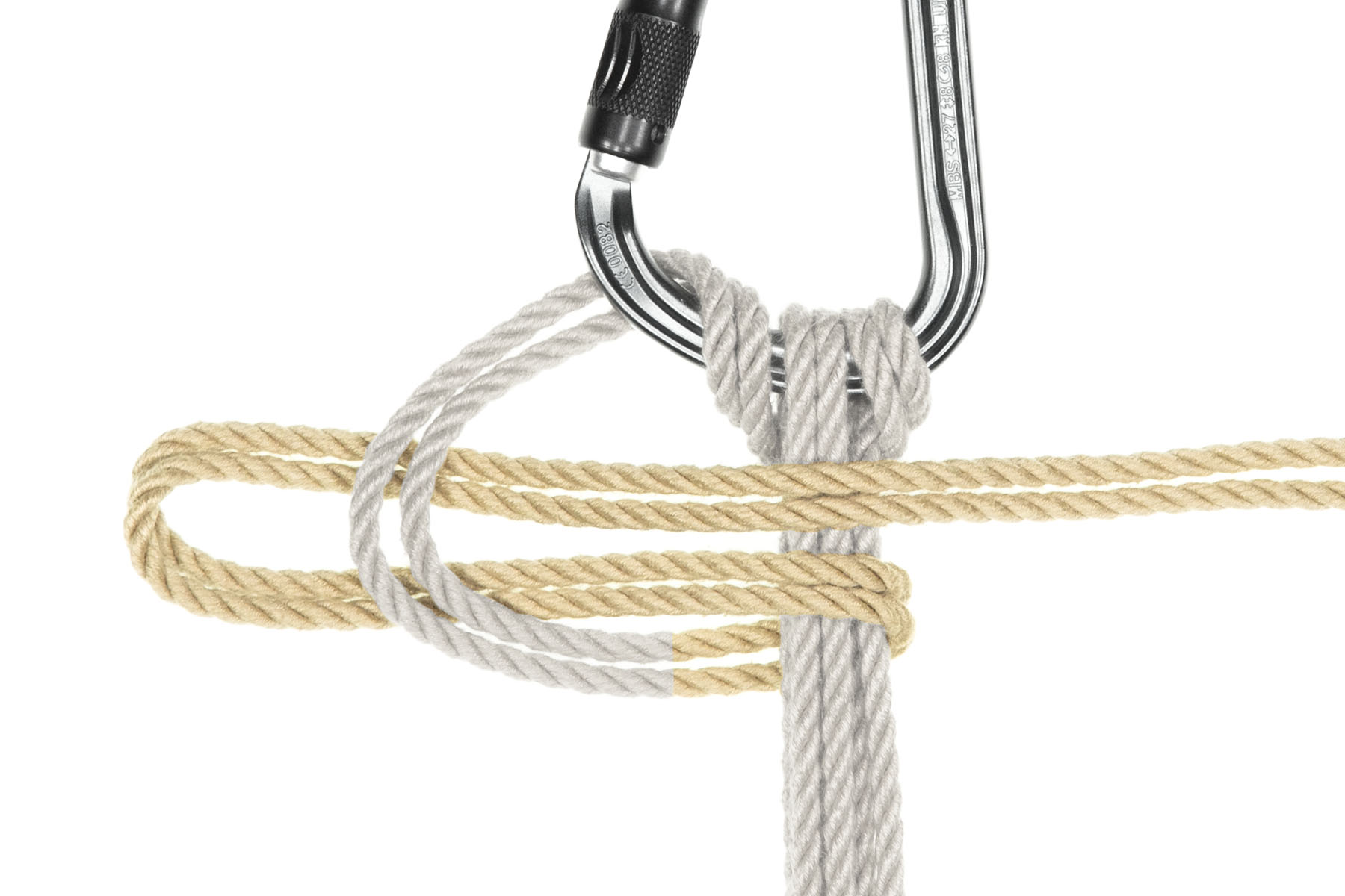 A bight of the rope has been pulled through the triangle. The rope now comes out of the back of the carabiner, makes a triangle that points to the left, passes under the vertical lines, doubles back through the triangle, then doubles back and exits to the right of the image.